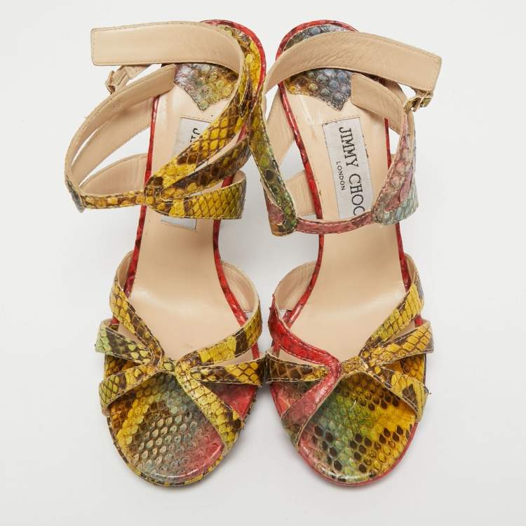 Pre Owned Jimmy Choo Multicolor Python Embossed Leather Ankle Straps Open Toe Sandals Size 37