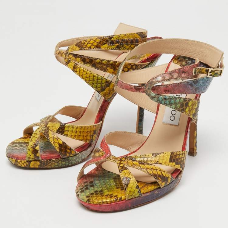 Pre Owned Jimmy Choo Multicolor Python Embossed Leather Ankle Straps Open Toe Sandals Size 37