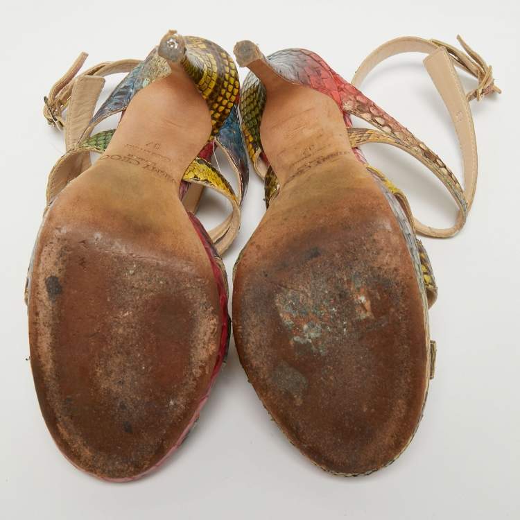 Pre Owned Jimmy Choo Multicolor Python Embossed Leather Ankle Straps Open Toe Sandals Size 37