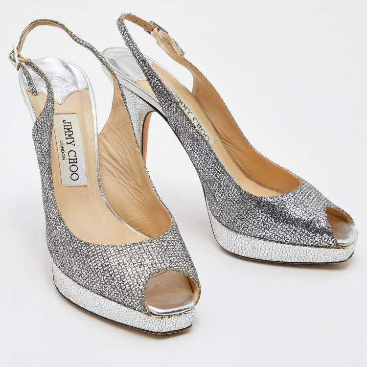 Pre Owned Jimmy Choo Metallic Silver Coarse Glitter Platform Slingback Pumps Size 38