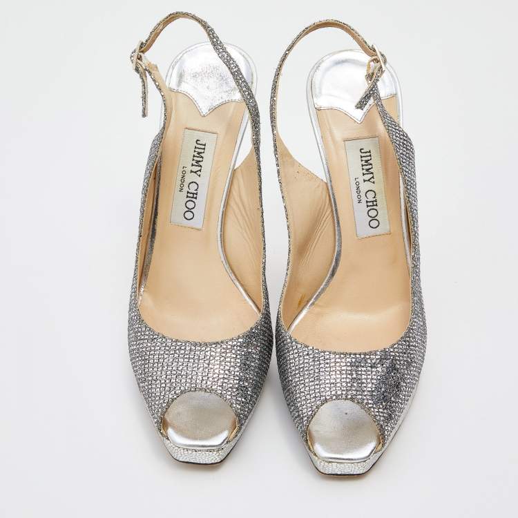 Pre Owned Jimmy Choo Metallic Silver Coarse Glitter Platform Slingback Pumps Size 38