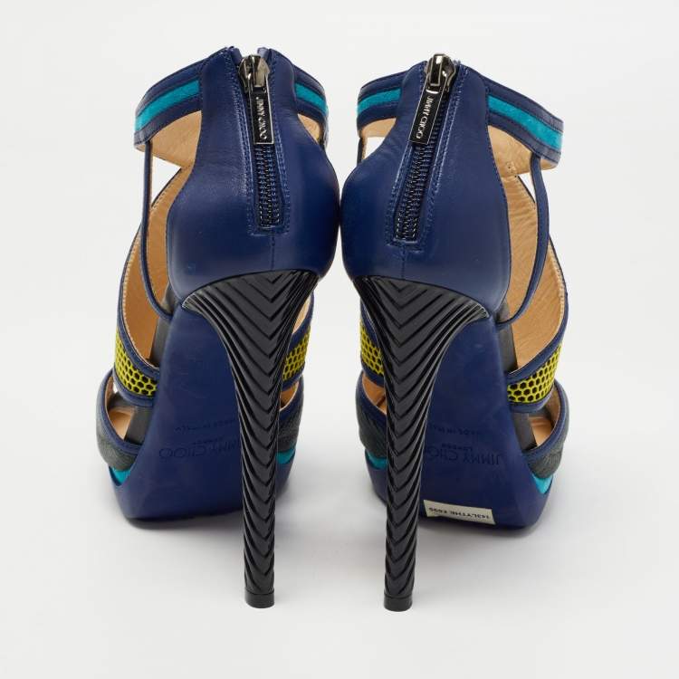 Pre Owned  Jimmy Choo Tricolor Leather and Suede Honeycomb Lythe Platform Sandals Size 37