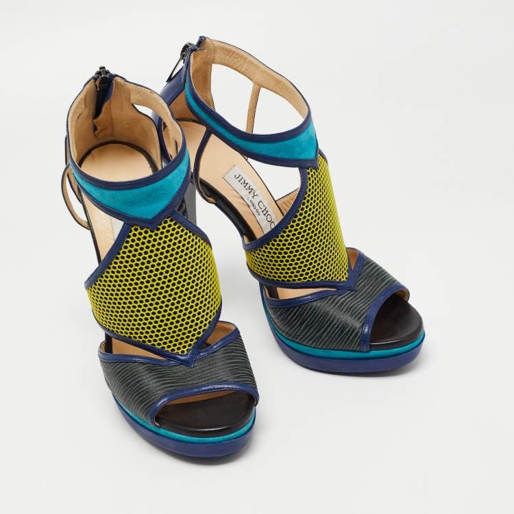 Pre Owned  Jimmy Choo Tricolor Leather and Suede Honeycomb Lythe Platform Sandals Size 37