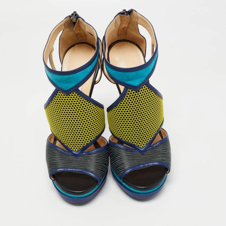 Pre Owned  Jimmy Choo Tricolor Leather and Suede Honeycomb Lythe Platform Sandals Size 37