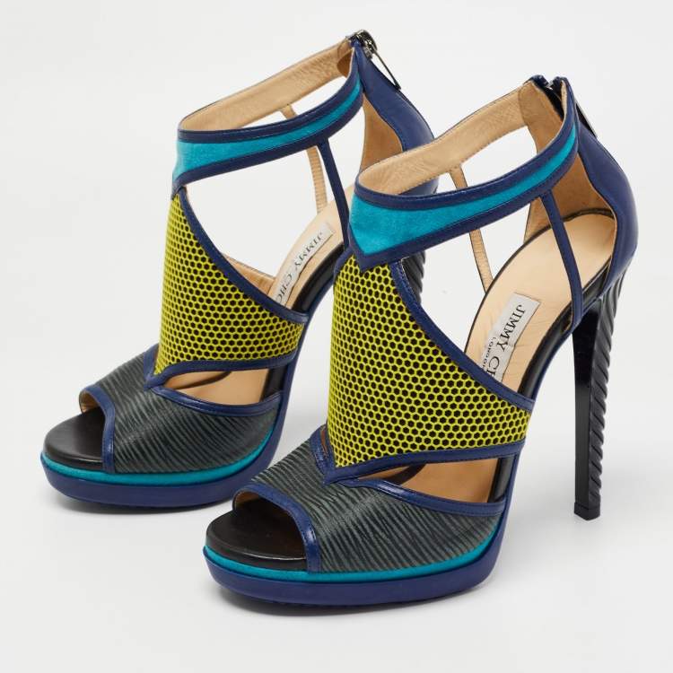 Pre Owned  Jimmy Choo Tricolor Leather and Suede Honeycomb Lythe Platform Sandals Size 37