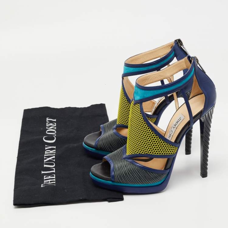 Pre Owned  Jimmy Choo Tricolor Leather and Suede Honeycomb Lythe Platform Sandals Size 37