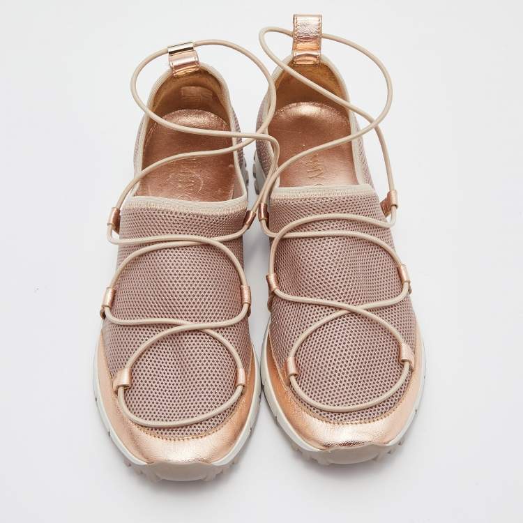 Pre Owned Jimmy Choo Metallic Beige Leather and Mesh Slip On Low Top Sneakers Size 38