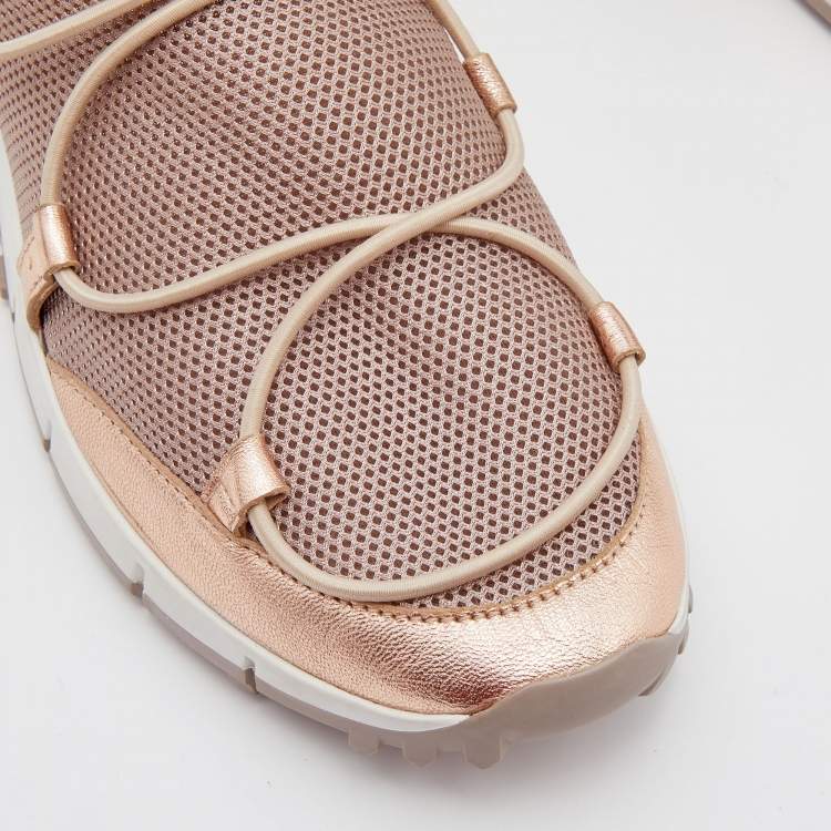 Pre Owned Jimmy Choo Metallic Beige Leather and Mesh Slip On Low Top Sneakers Size 38