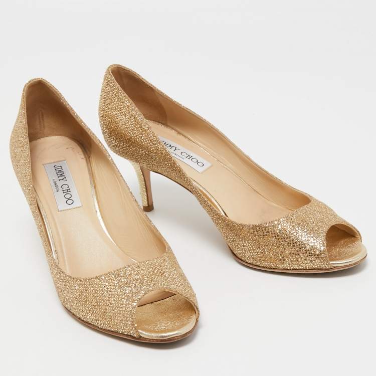 Pre Owned Jimmy Choo Metallic Gold Glitters Evelyn Open Toe Pumps Size 39