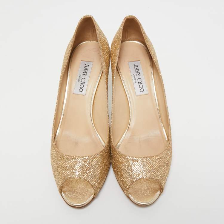 Pre Owned Jimmy Choo Metallic Gold Glitters Evelyn Open Toe Pumps Size 39