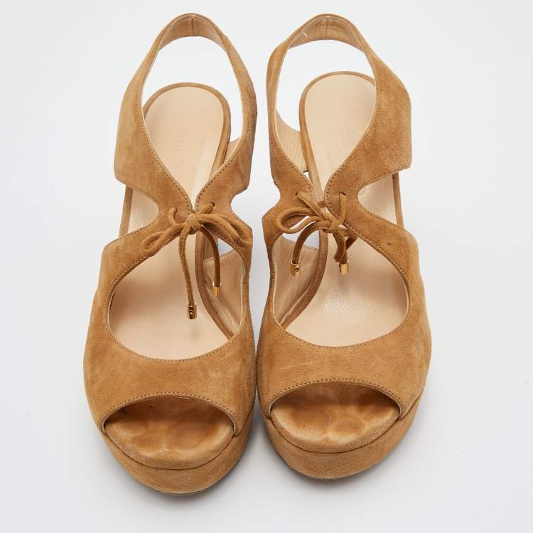 Pre Owned Jimmy Choo Brown Suede Naymee Platform Wedge Sandals Size 39.5