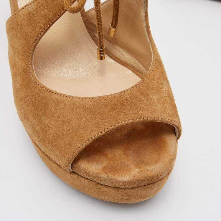 Pre Owned Jimmy Choo Brown Suede Naymee Platform Wedge Sandals Size 39.5