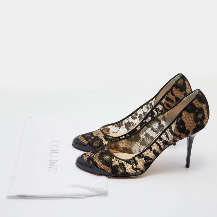 Pre Owned Jimmy Choo Black Patent Leather and Floral Lace Pumps Size 39