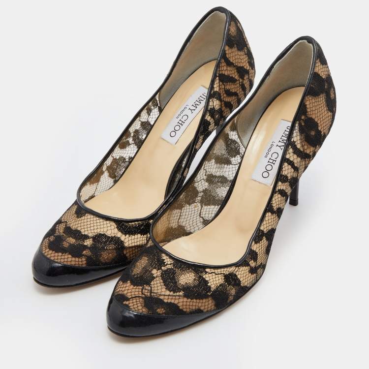 Pre Owned Jimmy Choo Black Patent Leather and Floral Lace Pumps Size 39
