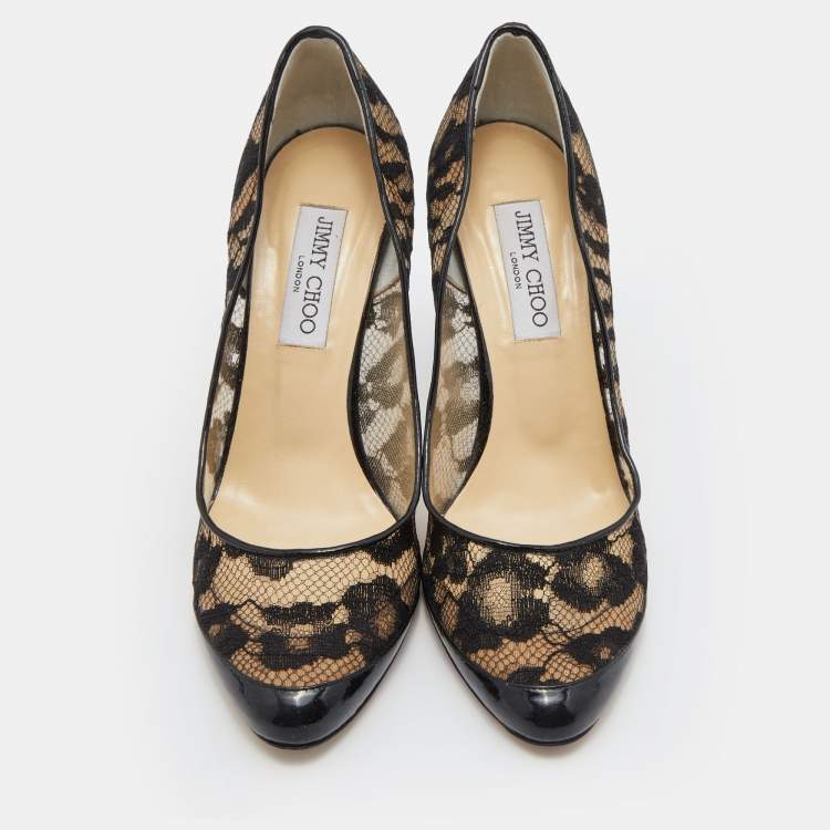 Pre Owned Jimmy Choo Black Patent Leather and Floral Lace Pumps Size 39