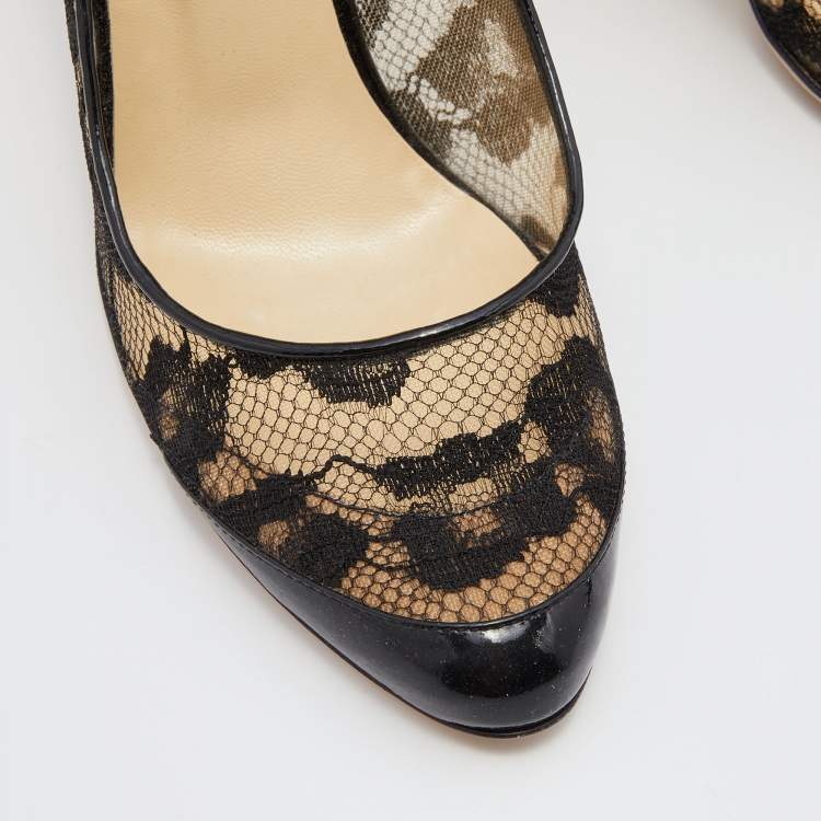 Pre Owned Jimmy Choo Black Patent Leather and Floral Lace Pumps Size 39