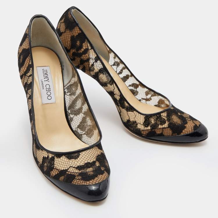 Pre Owned Jimmy Choo Black Patent Leather and Floral Lace Pumps Size 39