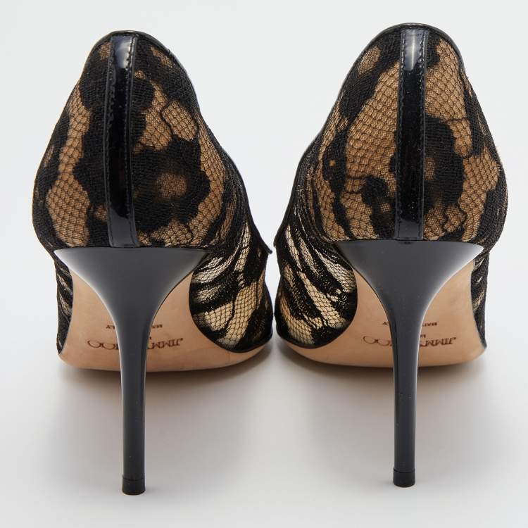 Pre Owned Jimmy Choo Black Patent Leather and Floral Lace Pumps Size 39