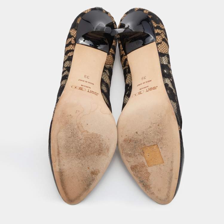 Pre Owned Jimmy Choo Black Patent Leather and Floral Lace Pumps Size 39