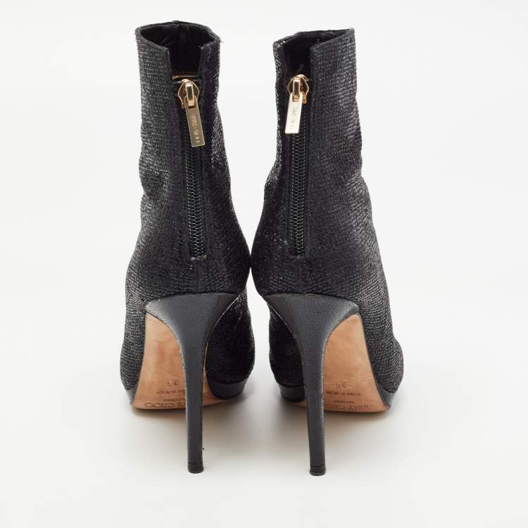 Pre Owned Jimmy Choo Black Glitter Platform Ankle Booties Size 38