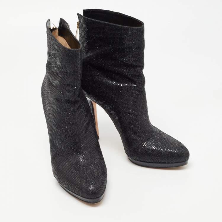 Pre Owned Jimmy Choo Black Glitter Platform Ankle Booties Size 38