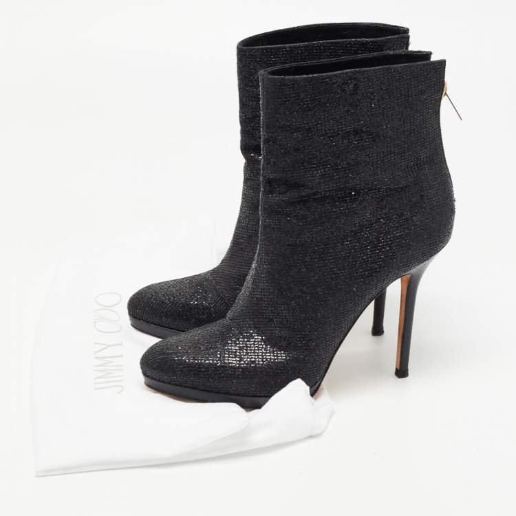 Pre Owned Jimmy Choo Black Glitter Platform Ankle Booties Size 38