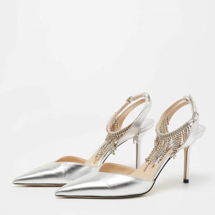 Pre Owned Jimmy Choo Silver Leather Birtie Pumps Size 38.5