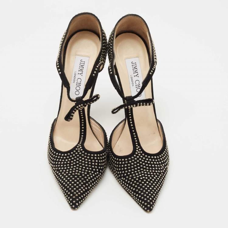 Pre Owned Jimmy Choo Black Studded Suede Talan T Strap Pumps Size 36