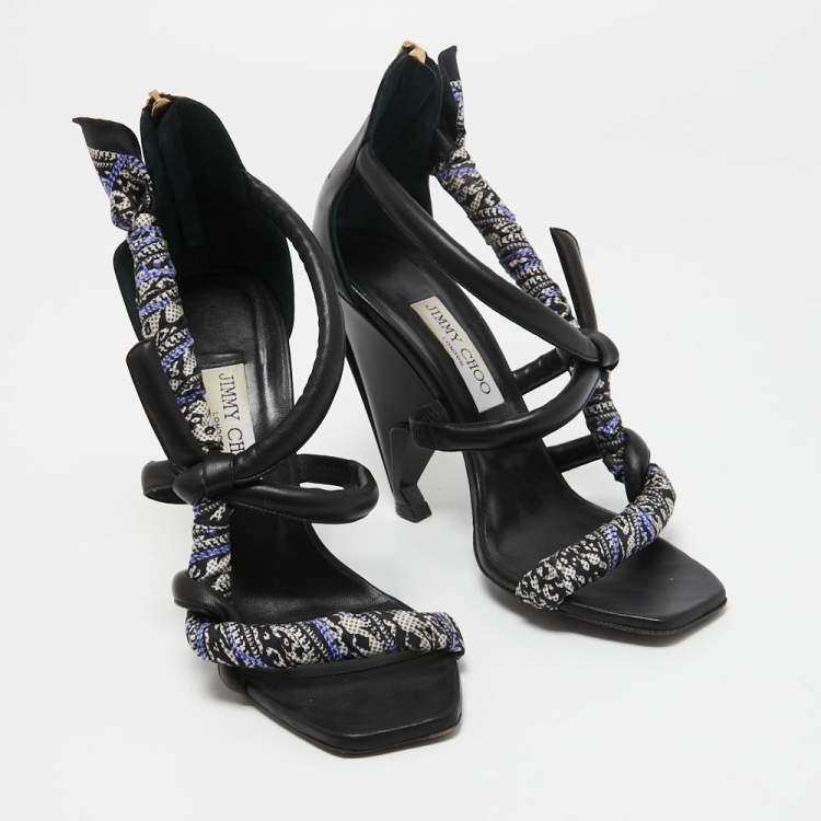 Pre Owned Jimmy Choo Black Canvas and Leather Ankle Strap Sandals Size 39