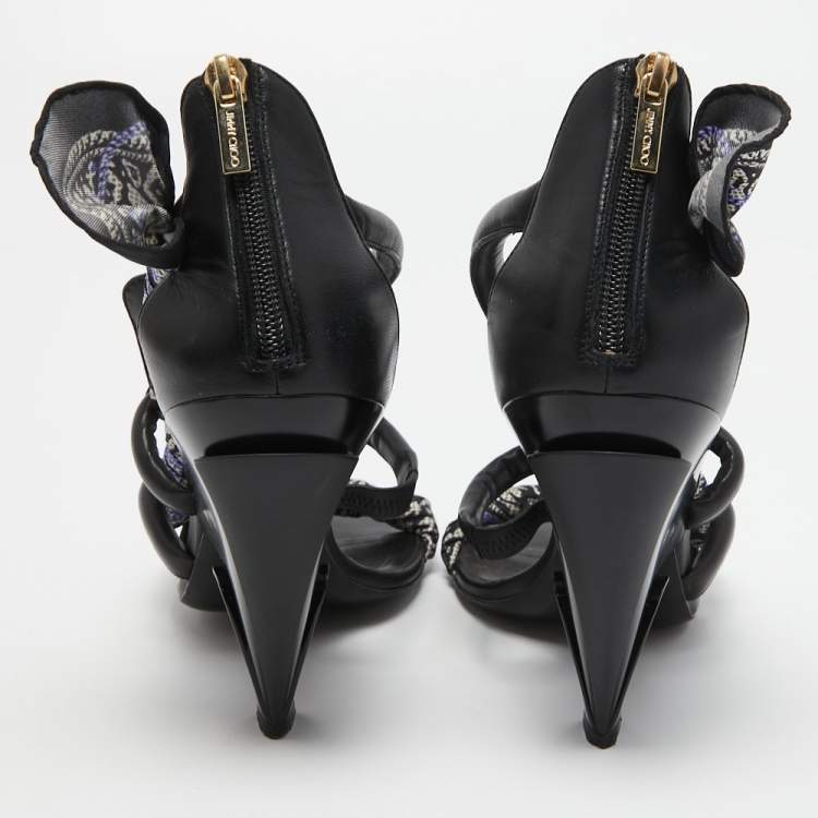 Pre Owned Jimmy Choo Black Canvas and Leather Ankle Strap Sandals Size 39