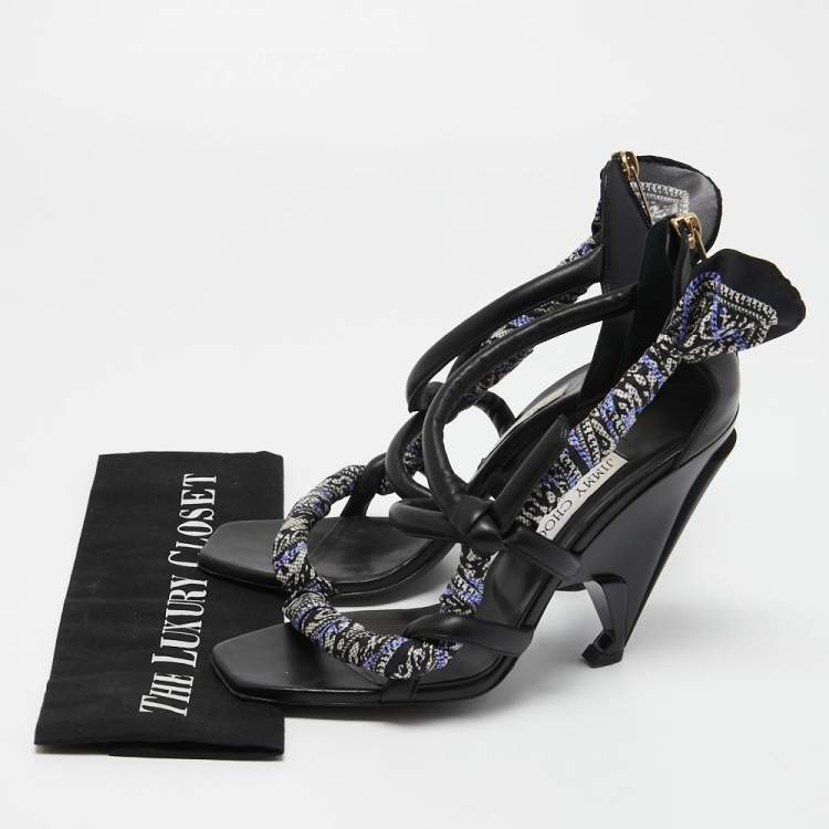 Pre Owned Jimmy Choo Black Canvas and Leather Ankle Strap Sandals Size 39