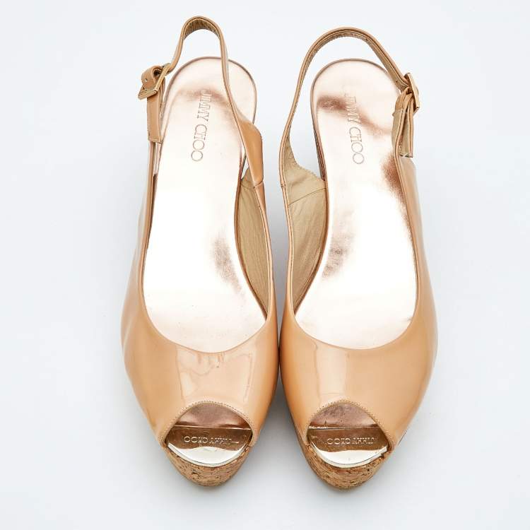 Pre Owned Jimmy Choo Beige Patent Leather Prova Cork Platform Wedge Pumps Size 38.5
