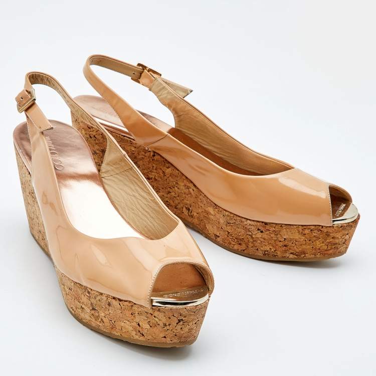 Pre Owned Jimmy Choo Beige Patent Leather Prova Cork Platform Wedge Pumps Size 38.5