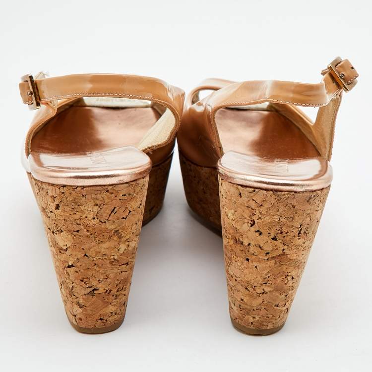 Pre Owned Jimmy Choo Beige Patent Leather Prova Cork Platform Wedge Pumps Size 38.5