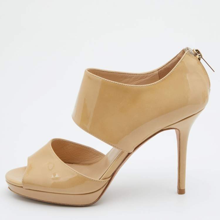 Pre Owned Jimmy Choo Beige Patent Leather Private Ankle Strap Sandals Size 38.5