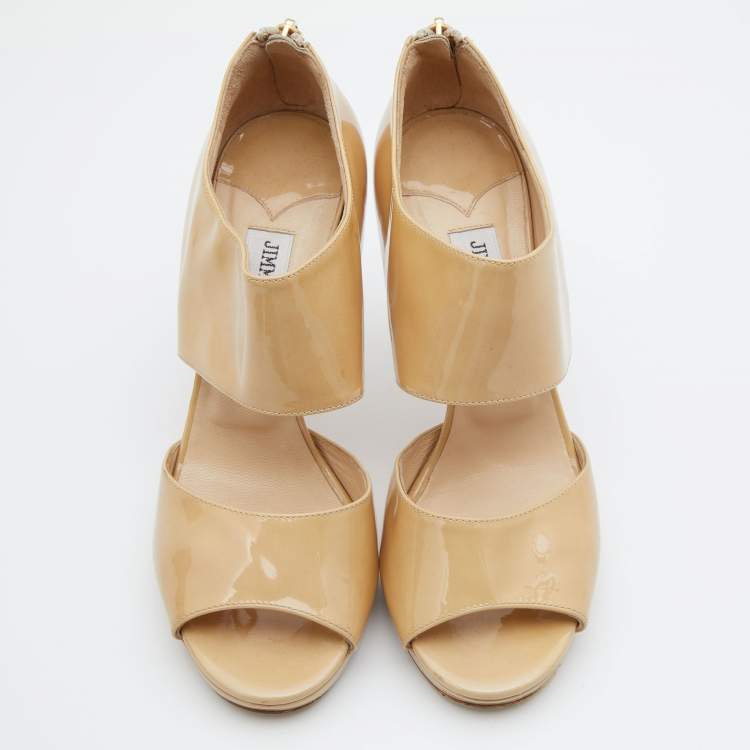 Pre Owned Jimmy Choo Beige Patent Leather Private Ankle Strap Sandals Size 38.5