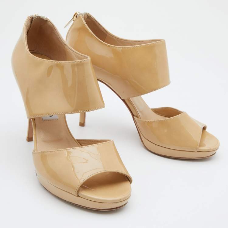Pre Owned Jimmy Choo Beige Patent Leather Private Ankle Strap Sandals Size 38.5