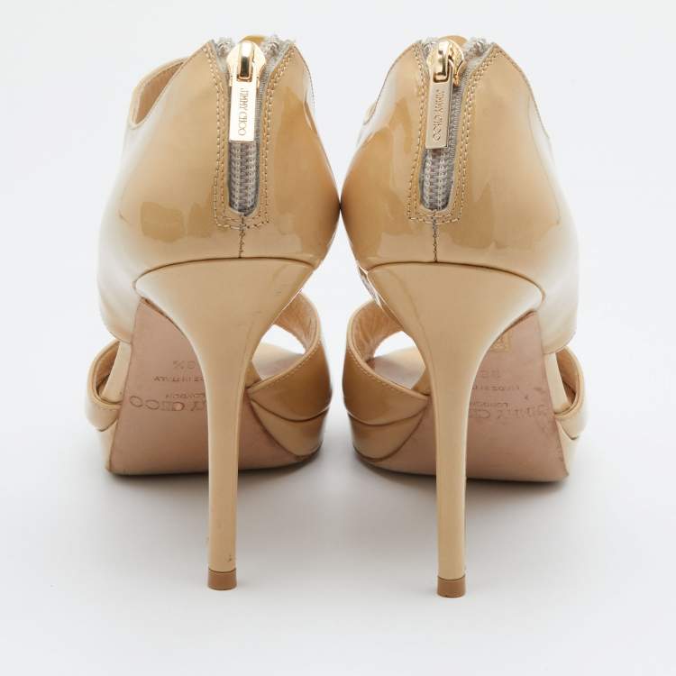 Pre Owned Jimmy Choo Beige Patent Leather Private Ankle Strap Sandals Size 38.5
