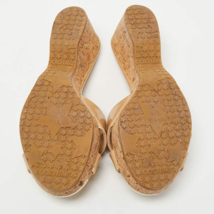 Pre Owned Jimmy Choo Beige Patent Leather Prima Slide Sandals Size 36