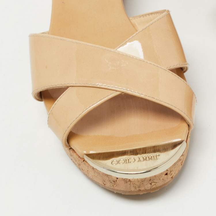 Pre Owned Jimmy Choo Beige Patent Leather Prima Slide Sandals Size 36