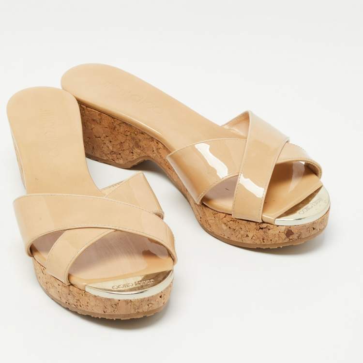 Pre Owned Jimmy Choo Beige Patent Leather Prima Slide Sandals Size 36