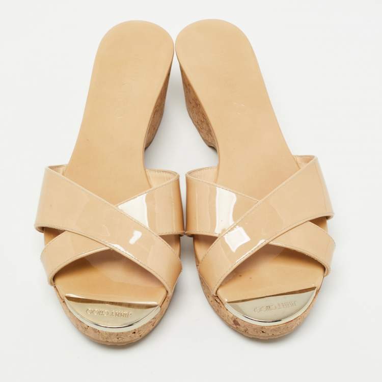 Pre Owned Jimmy Choo Beige Patent Leather Prima Slide Sandals Size 36