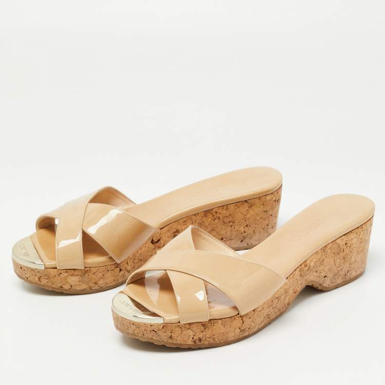 Pre Owned Jimmy Choo Beige Patent Leather Prima Slide Sandals Size 36