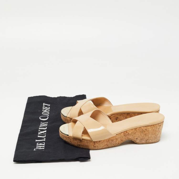 Pre Owned Jimmy Choo Beige Patent Leather Prima Slide Sandals Size 36