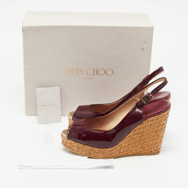 Pre Owned Jimmy Choo Burgundy Patent Leather Prova Wedge Sandals Size 40