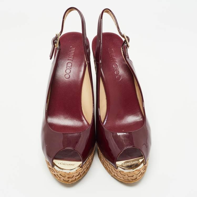 Pre Owned Jimmy Choo Burgundy Patent Leather Prova Wedge Sandals Size 40