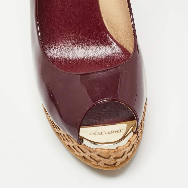 Pre Owned Jimmy Choo Burgundy Patent Leather Prova Wedge Sandals Size 40