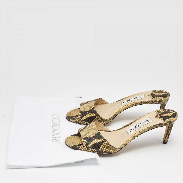 Pre Owned Jimmy Choo Black/Beige Lizard Embossed Leather Stacy Slide Sandals Size 38.5