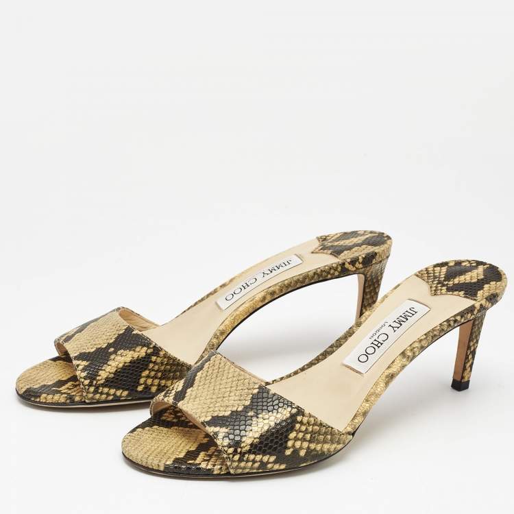 Pre Owned Jimmy Choo Black/Beige Lizard Embossed Leather Stacy Slide Sandals Size 38.5