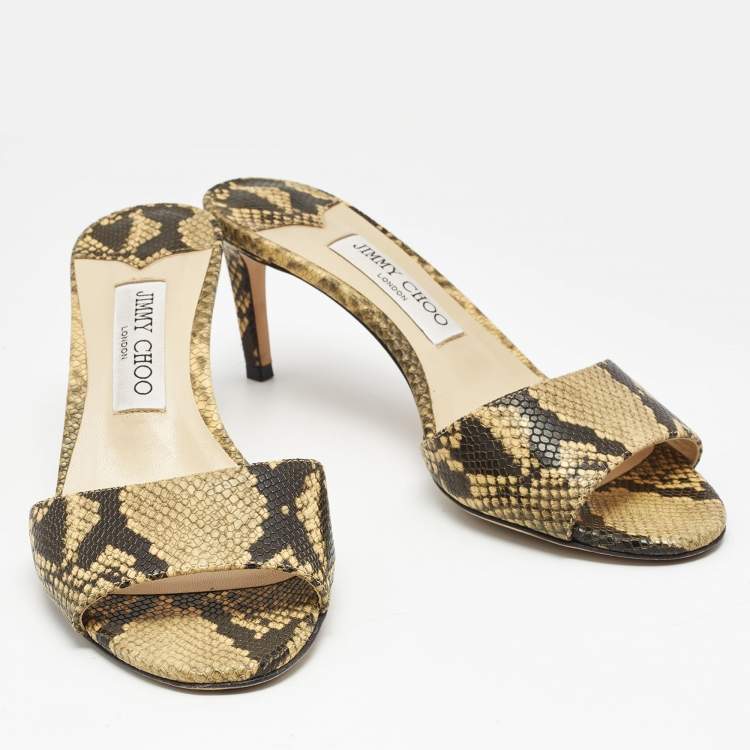 Pre Owned Jimmy Choo Black/Beige Lizard Embossed Leather Stacy Slide Sandals Size 38.5